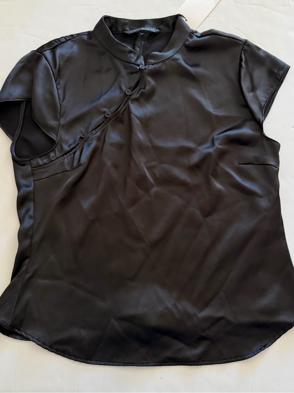 Zara Black Satin Short Sleeve Mock-Neck Blouse